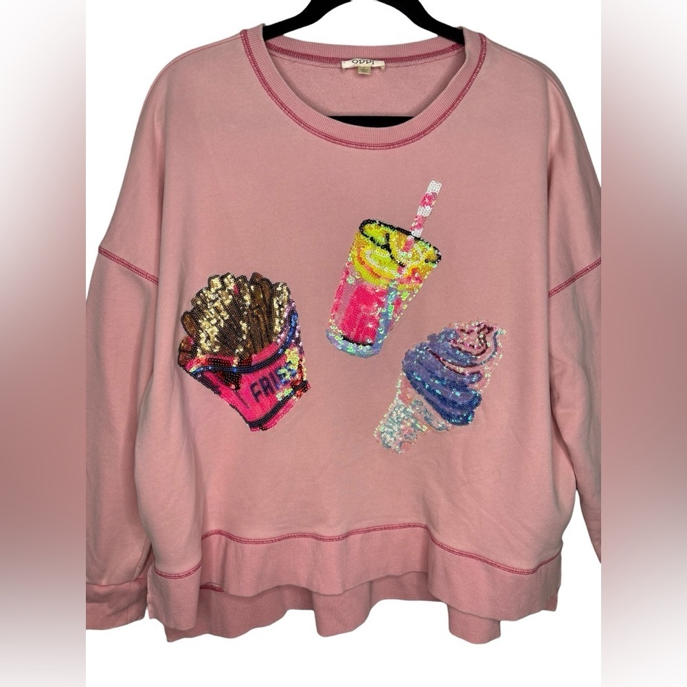 Oddy Boxy Pullover Sweatshirt Sequined French Fries Drink Ice Cream Appliques LG - Picture 2 of 11